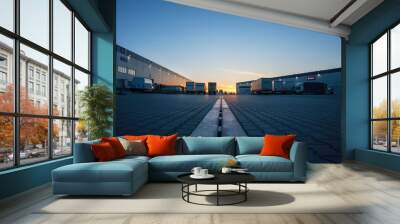 Logistics area with halls and trucks at sunset. Transport and storage of goods. Wall mural