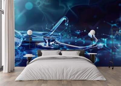 Medical concept. Stethoscope on doctor desk with blue abstract science lines in background. Wall mural