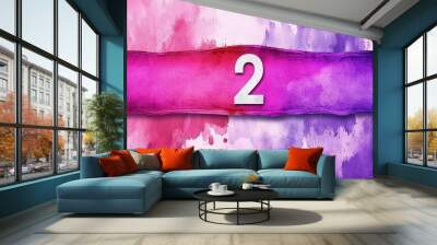 Number 2 with a vibrant purple and pink watercolour background. Wall mural