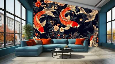 Old Koi vintage style background oriental japanese illustration of fish, asian carp art design background Wall mural