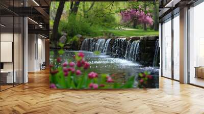 One floor of many cascade waterfall with beautiful water in a forest surrounded by plants Wall mural