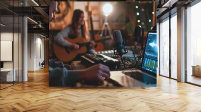 Producer, Audio Engineer Uses Control Desk for Recording Back View Wall mural