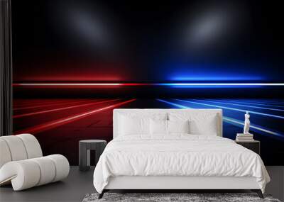 Red and blue neon lights on a dark reflective ground. Wall mural