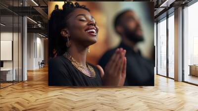 Religious black man and woman pray tto god, belief in the church and jesus christ, african religion background Wall mural