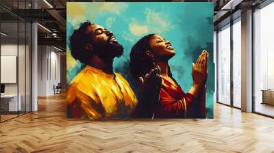 Religious black man and woman pray tto god, belief in the church and jesus christ, illustration of african religion background Wall mural