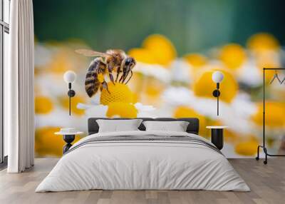 The honey bee feeds on the nectar of a chamomile flower. Yellow and white chamomile flowers are all around, the bee is out of focus, the background and foreground are out of focus. Macro photography. Wall mural