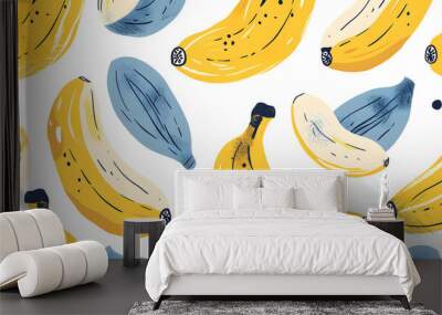 seamless pattern of yellow hand drawn doodle sketch banana isolated on white background Wall mural