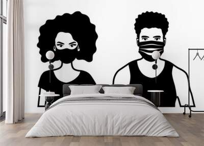 Set of black and white front view vector icons of an african american man and a woman  wearing protective face mask - covid-19 safety measures, covering face to prevent spread of the virus Wall mural