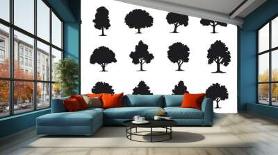 various deciduous trees silhouettes on the white background Wall mural