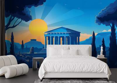 The temple of ancient greek gods and goddess in the mountains and trees background, in the cartoon style Wall mural