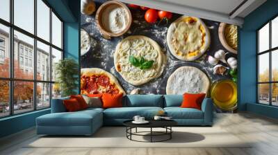 Top view of raw various pizzas topped with cheese and meats, prepped for cooking. Wall mural