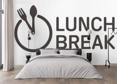 Vector logo clock cutlery with text Lunch break. Isolated on white background. Wall mural