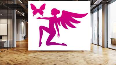 Vector silhouette of cute woman with angels wings and flying heart with butterfly wings. Isolated on white background Wall mural