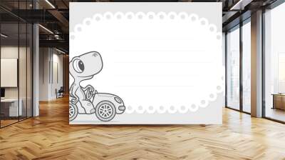 Vector template, baby invitation card with cartoon little dino. Grey background. Wall mural