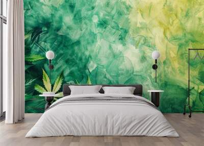 Vibrant digital art of green leaves with light effects and a transparent overlay. Wall mural