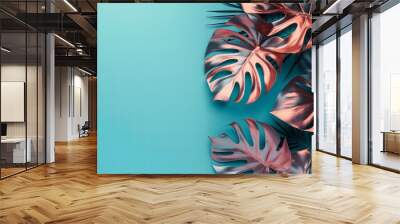 monstera plant blue and copper bicolored on turquise background with copy space Wall mural