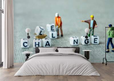 removing white cubes with letters l and e of the word challenge creating new word change on grey bac Wall mural