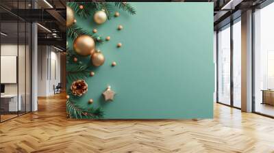 Christmas background with tree branches, lights, golden balls and pinecones on green blue background, copy space for text, banner frame design, festive mood, soft lighting, flat lay Wall mural