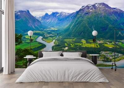 Scenic landscape Andalsnes city located on shores of Romsdal Fjord between the picturesque mountains. View from Rampestreken Viewpoint, Andalsnes, Norway. Wall mural