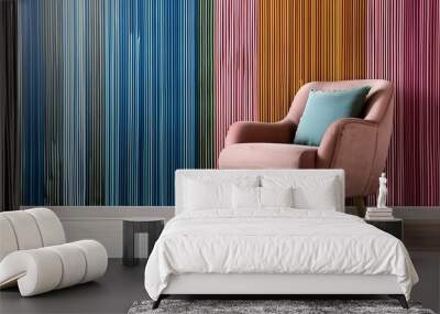 Abstract composition with textured striped wall and colorful armchair. Wall mural