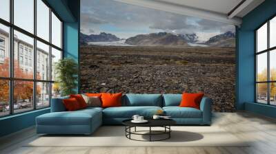 Skeidararsandur with   view to Vatnajokull glacier and mountains, Iceland in summer, vintag or retro look, with grain Wall mural