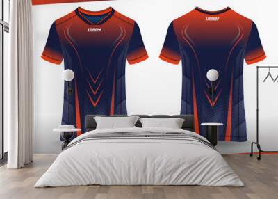 Soccer jersey mockup. t-shirt sport design template, uniform front and back view. orange dark blue color Wall mural