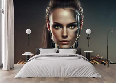 An attractive woman as half-robot or a humanoid android with artificial intelligence parts or a technological upgrade as human evolution, mechanical body parts. Generative AI Wall mural