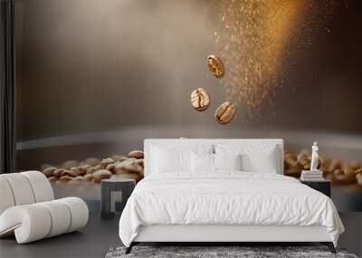  coffee beans falling into bowl with golden powder around them Wall mural