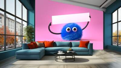 3d cute monster holding up a blank sign,colorful cartoon character,empty banner Wall mural