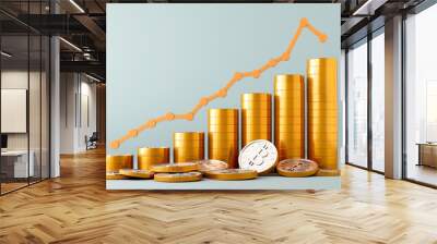 3D render of gold coins and graph with orange arrow up on light blue background Wall mural