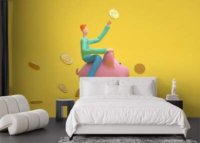 A man sitting on a piggy bank. Earning, saving and investing money concept.  3d rendering,conceptual image. Wall mural