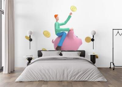 A man sitting on a piggy bank. Earning, saving and investing money concept.  3d rendering,conceptual image. Wall mural