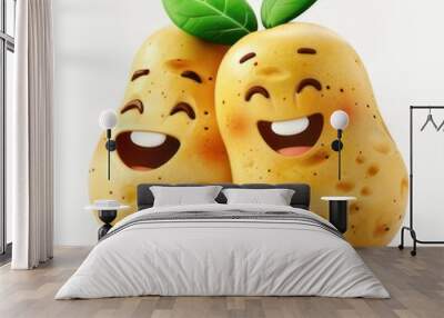 2 funny 3d potatoes with faces, eyes, smile in cartoon style, isolated on white background Wall mural