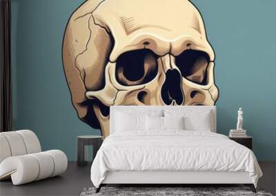 a drawing of a human skull, separately rotated by three quarters, isolated on a blue background Wall mural