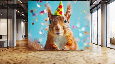 squirrel at a birthday party with a cap on his head Wall mural