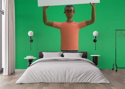 Cartoon characters holding an empty white placard for insert a concept.3d rendering,conceptual image. Wall mural