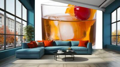 classic old fashioned cocktail with orange slice cherry and ice cube served in short glass isolated on transparent background Wall mural