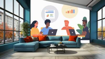 Diverse business team collaborating in office meeting, working together on project, sharing ideas and brainstorming solutions, flat vector illustration of teamwork and cooperation concept with group o Wall mural