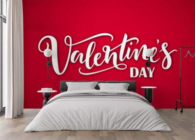 Hand drawn white lettering Valentines Day with shadow on a red background. Vector illustration for design of card, banner, logo, flayer, label, icon, badge, sticker Wall mural