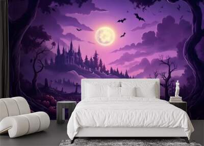 Haunted Graveyard with Full Moon and Gothic Castle, Ideal for Halloween Dark Theme Wallpaper Wall mural