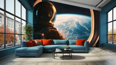 Astronaut looking at Earth from spaceship window Wall mural