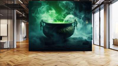 Cauldron with green glowing potion isolated on a dark foggy background Wall mural