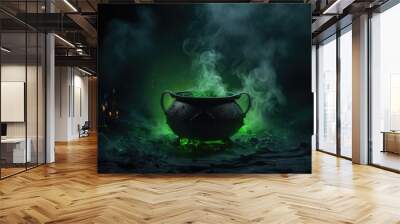 Cauldron with green glowing potion isolated on a dark foggy background Wall mural