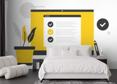 Checklist. Flat vector illustration. Checklist on computer screen. Survey, check list, website with check marks, agreement. Modern concepts. Flat design Wall mural