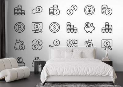 Coin icons set. Vector line icons. Black outline stroke symbols Wall mural