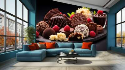 Gourmet chocolate dessert platter, featuring a variety of truffles, cakes, and mousses. Generative AI Wall mural