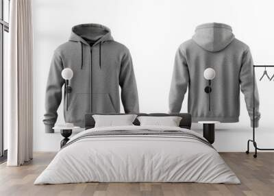 Gray zip-up hoodie mockup. Zipper hoodie. Front and back hoodie template Wall mural