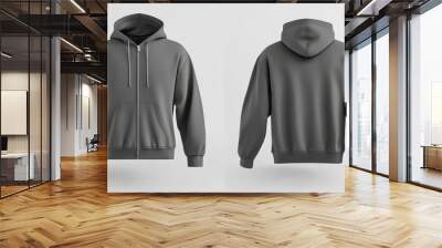 Gray zip-up hoodie mockup. Zipper hoodie. Front and back hoodie template Wall mural