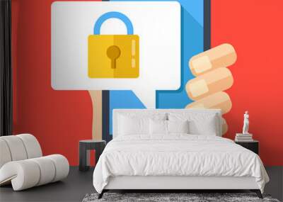 hand holding smartphone with speech bubble and lock on screen. padlock icon. locked device, password Wall mural