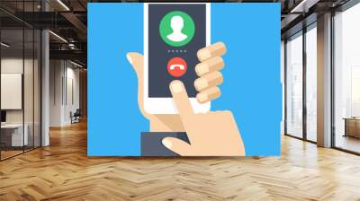 Outgoing call. White smartphone with call screen. Waiting for answer concept. Human hand holding cellphone, finger touching screen. Modern flat design vector illustration Wall mural